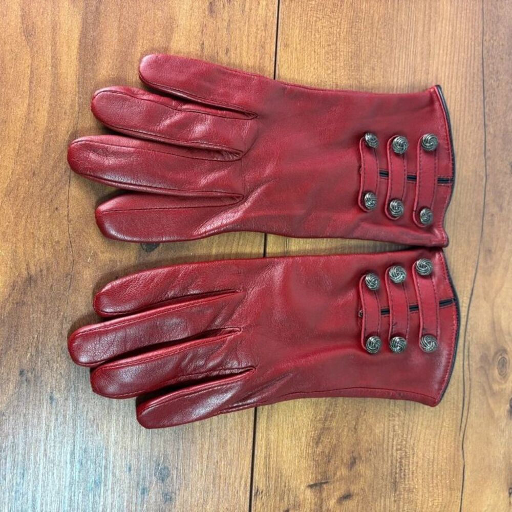 Vintage 90s Y2K Max Studio Red Leather Gloves Bandleader Military Studded Large